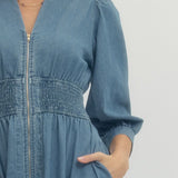 Denim Zip Dress with Elastic Waist