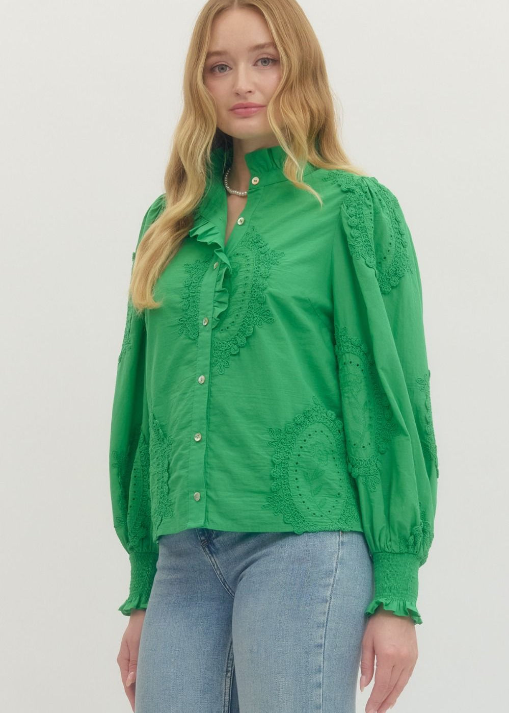 Green Top with Tonal Embroidery
