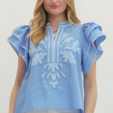 Ruffle Sleeve Lt. Blue Top with Embroidery
