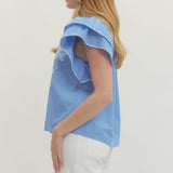 Ruffle Sleeve Lt. Blue Top with Embroidery