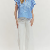 Ruffle Sleeve Lt. Blue Top with Embroidery