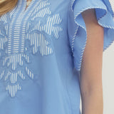 Ruffle Sleeve Lt. Blue Top with Embroidery
