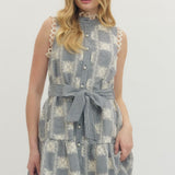 Navy Checked Dress with Embroidery