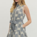 Navy Checked Dress with Embroidery