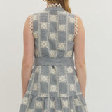 Navy Checked Dress with Embroidery