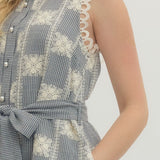 Navy Checked Dress with Embroidery