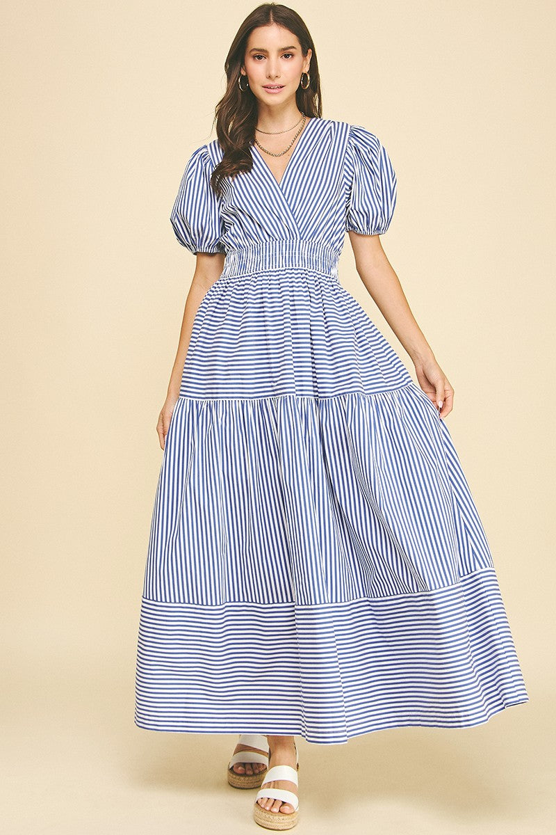 Striped Tiered Maxi Dress - Blue Striped Tiered Maxi Dress - Blue