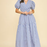 Striped Tiered Maxi Dress - Blue