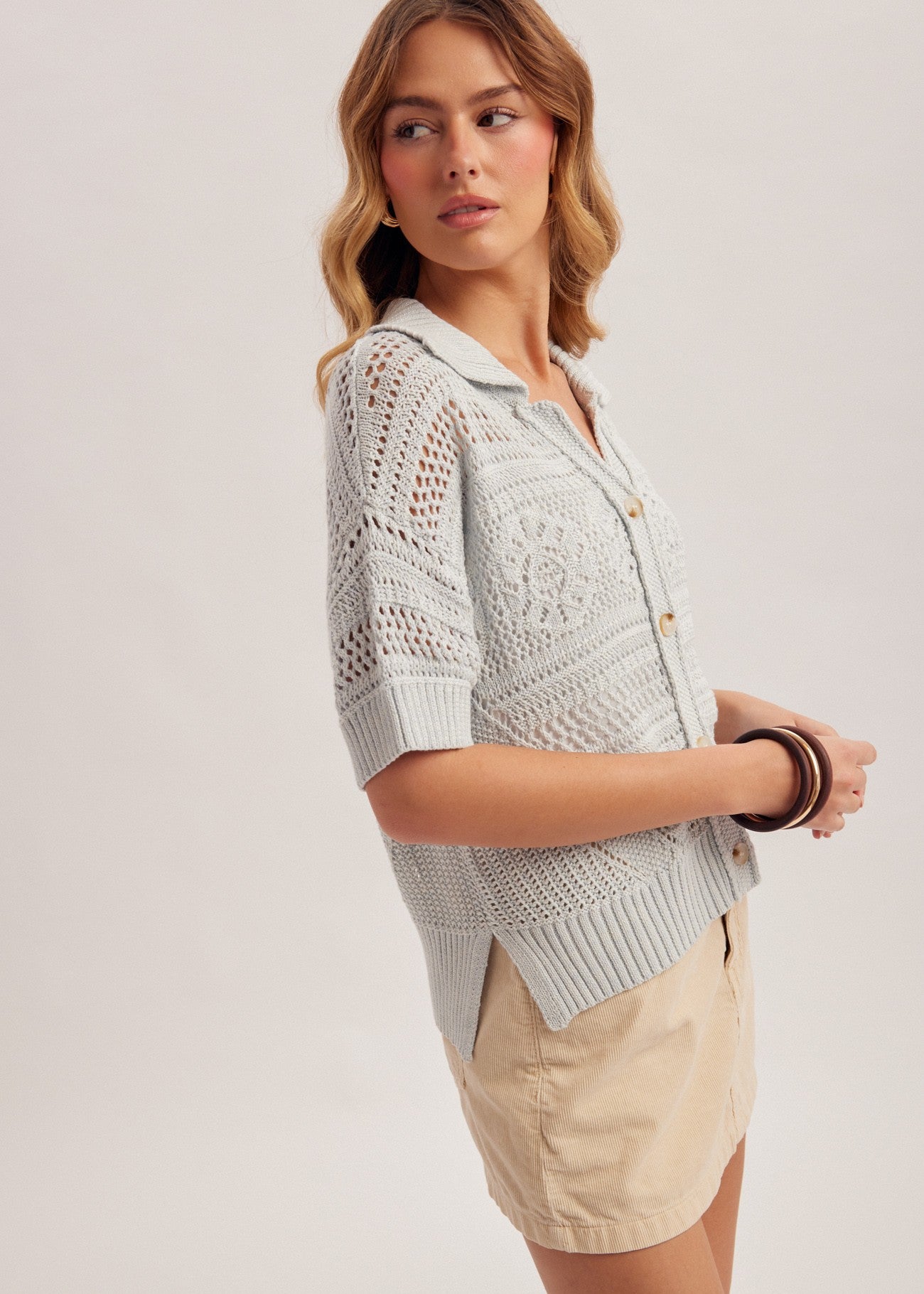 Light Blue Crochet Polo Sweater