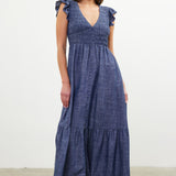 Denim Blue Chambray Flutter Slv Smocked Midi Dress
