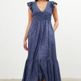 Denim Blue Chambray Flutter Slv Smocked Midi Dress