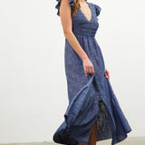 Denim Blue Chambray Flutter Slv Smocked Midi Dress