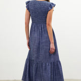 Denim Blue Chambray Flutter Slv Smocked Midi Dress