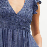 Denim Blue Chambray Flutter Slv Smocked Midi Dress