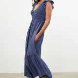 Denim Blue Chambray Flutter Slv Smocked Midi Dress