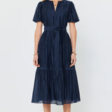 Puff Sleeve Split Neck Navy Midi Dress