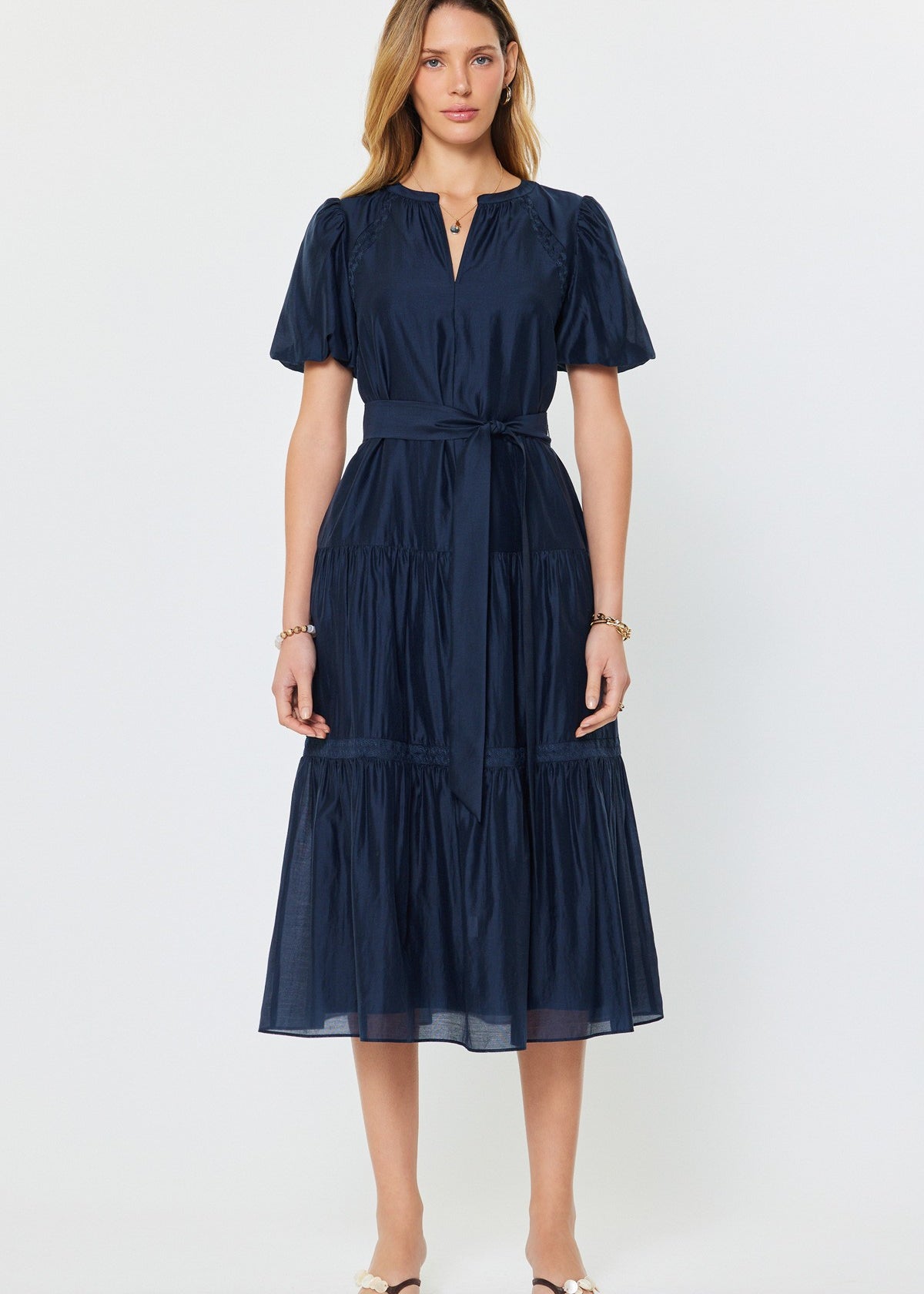 Puff Sleeve Split Neck Navy Midi Dress tangerine cards & gifts Puff Sleeve Split Neck Navy Midi Dress tangerine cards & gifts