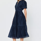 Puff Sleeve Split Neck Navy Midi Dress