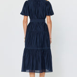 Puff Sleeve Split Neck Navy Midi Dress