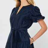 Puff Sleeve Split Neck Navy Midi Dress