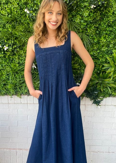 Stretch Denim Pleated Dress