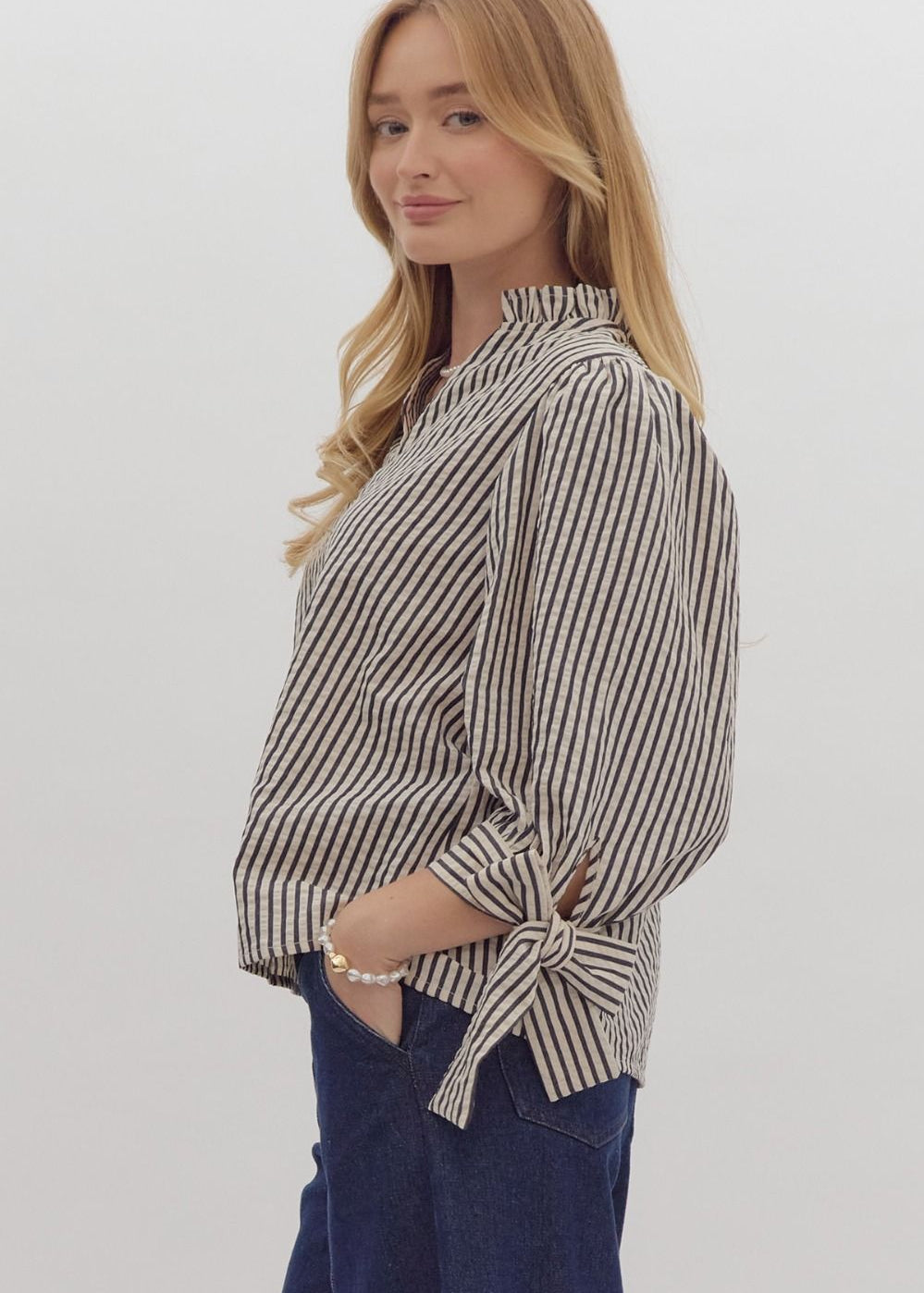 3/4 Sleeve Navy Seersucker Top