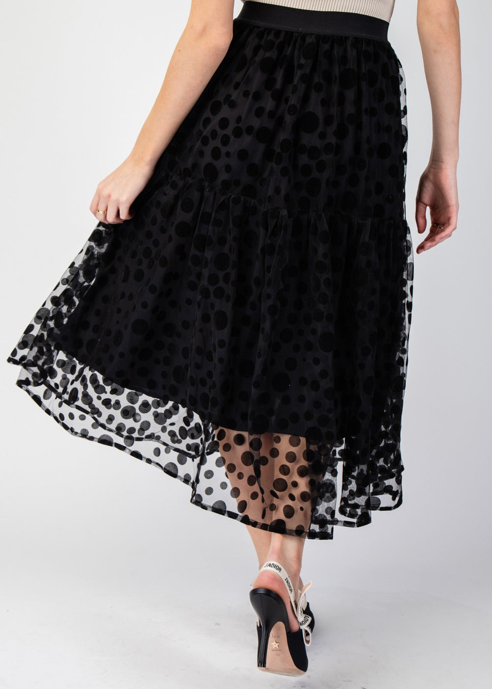 Black Polka Dot Tiered Maxi Skirt