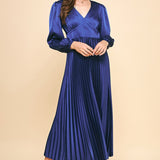 Satin Sapphire Pleated Midi Dress