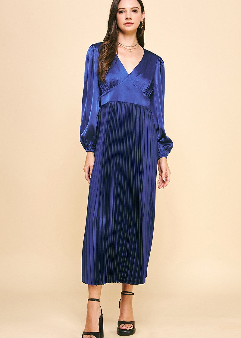 Satin Sapphire Pleated Midi Dress