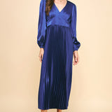 Satin Sapphire Pleated Midi Dress