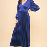 Satin Sapphire Pleated Midi Dress