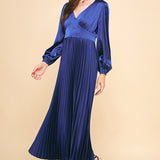 Satin Sapphire Pleated Midi Dress