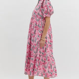 S/S Pink Tiered Midi Dress