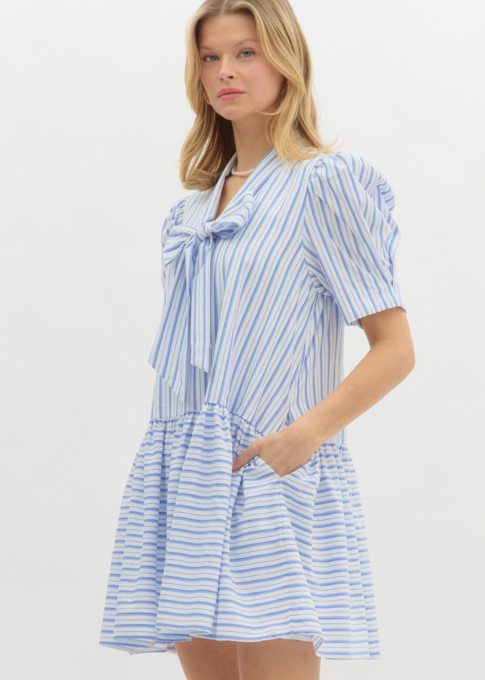 S/S Stripe Dress w/Drop Waist and Bow Neck