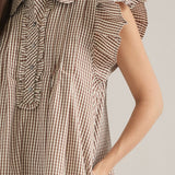 Flutter Sleeve Brown Gingham Dress