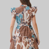 Abstract Print Ruffle Sleeve Belted Dress