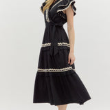 Flutter Sleeve Wrap Midi Dress Black w/Ric Rac