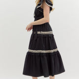 Flutter Sleeve Wrap Midi Dress Black w/Ric Rac