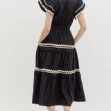 Flutter Sleeve Wrap Midi Dress Black w/Ric Rac