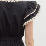 Flutter Sleeve Wrap Midi Dress Black w/Ric Rac