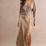 Mocha V-Neck Sweater & Satin Midi Skirt Set