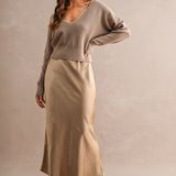 Mocha V-Neck Sweater & Satin Midi Skirt Set