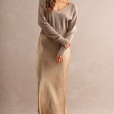 Mocha V-Neck Sweater & Satin Midi Skirt Set