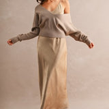 Mocha V-Neck Sweater & Satin Midi Skirt Set