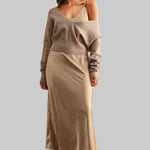 Taupe sweater styled off the shoulder with champagne satin midi skirt two-piece set