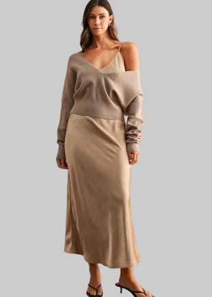 Taupe sweater styled off the shoulder with champagne satin midi skirt two-piece set