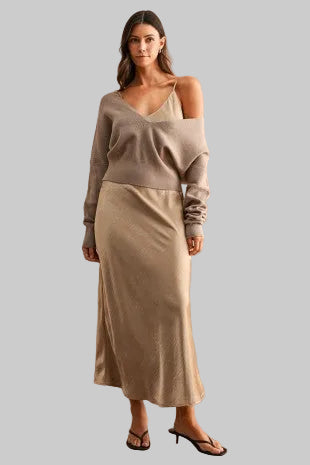 Taupe sweater styled off the shoulder with champagne satin midi skirt two-piece set