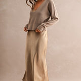 Mocha V-Neck Sweater & Satin Midi Skirt Set