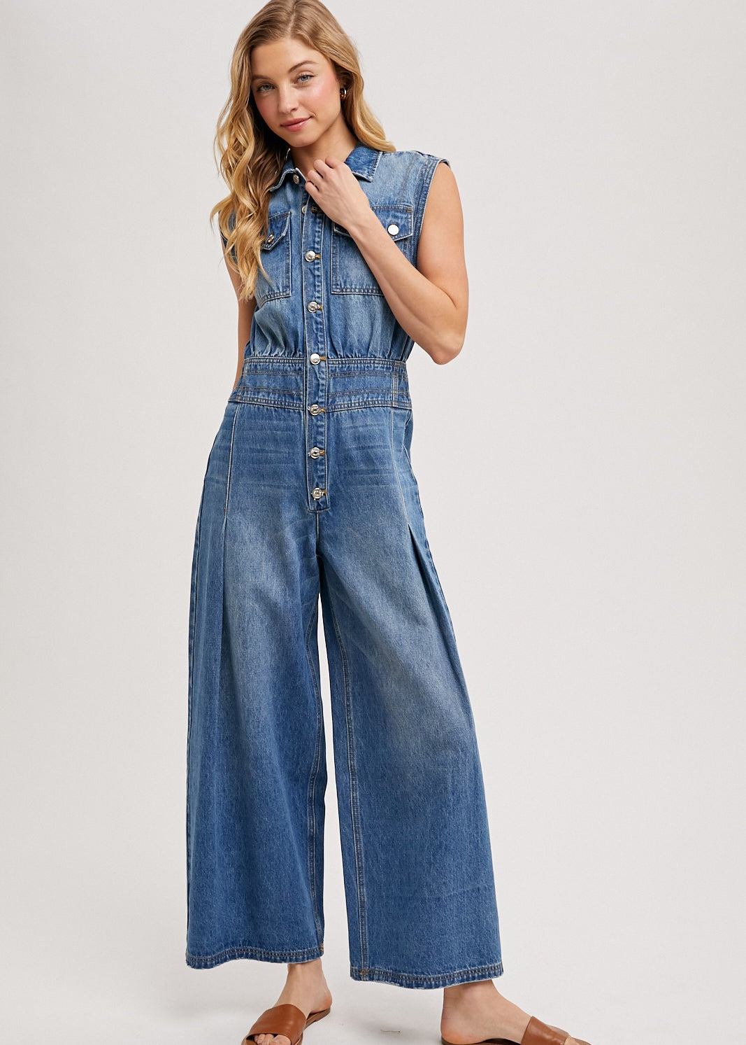 Denim Sleeveless Shirt Jumpsuit