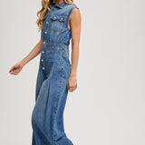 Denim Sleeveless Shirt Jumpsuit